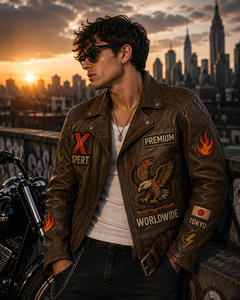 Créez votre propre veste de moto pour homme en cuir véritable, écologique et coupe-vent, avec des motifs de patchs brodés personnalisés et impression. - Product Image 1