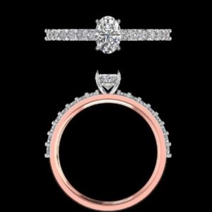 Rose <b>Gold</b> Oval Cut Diamond Engagement <b>Ring</b> with Pave <b>Set</b> Brilliant Accents and Elegant White <b>Gold</b> Four Prong Cathedral Shank - Product Image 2