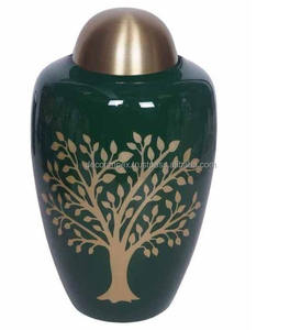 Urne funéraire pour cendres humaines adulte, grande taille, en laiton doré vert, faite à la main, tendance très demandée, Arbre de Vie - Product Image 1