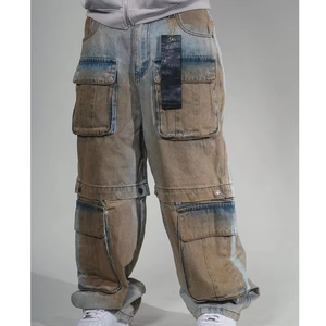 Jeans para Hombre DS, Color Amarillo Sucio, Lavado Desgastado, Estilo Cargo con Múltiples Bolsillos, Corte Holgado, Estilo Hip Hop, Pantalones Casuales para Hombre - Product Image 4