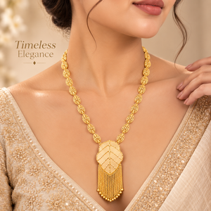 Ensemble de colliers longs à pampilles en forme de feuille pour femmes |   Bijoux élégants dorés à porter en toute occasion |   Ensemble traditionnel de boucles d'oreilles, bracelet et bague assortis - Product Image 5