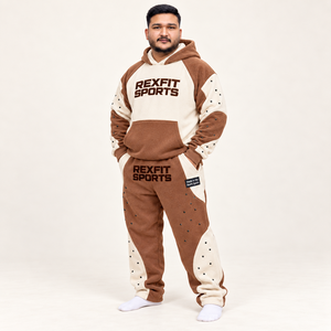 Conjunto Deportivo REXFIT Personalizado Unisex, Sudadera con Capucha y Pantalones Deportivos, Forro Polar Térmico, Ropa Casual de Invierno, Diseño en Bloques de Color Marrón y Crema - Product Image 2