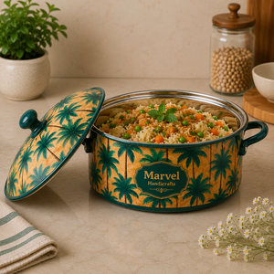 <b>Marvel</b> Handicrafts Palm Tree <b>Print</b> Insulated Steel Casserole Hot Pot with Lid Premium Food Warmer Serving Bowl for Kitchen - Product Image 2