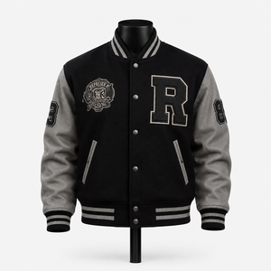 Custom Men’s Varsity Letterman <b>Jacket</b> Black Wool Grey PU Leather Sleeves Bomber <b>Jacket</b> Wholesale - Product Image 1