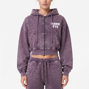 Ensemble sweat à capuche court zippé en molleton de coton délavé à l'acide pour femme et pantalon de jogging large à épaules tombantes – Vente chaude - Product Image 2