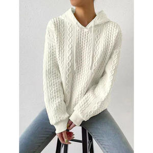 Pull en tricot à capuche pour femme, couleur unie, manches longues, vêtement d'hiver, anti-boulochage, longueur normale - Product Image 3