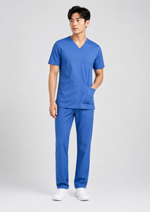 Ensemble de blouses médicales bleues 100 % coton, col en V, manches courtes, uniforme d'hôpital, vêtements de travail médicaux, vente en gros OEM - Product Image 3