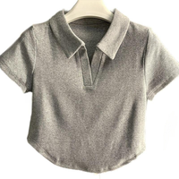 T-shirt côtelé décontracté respirant à col revers pour femme grande taille 2023, avec impression sérigraphique en relief personnalisée, haut court d'été