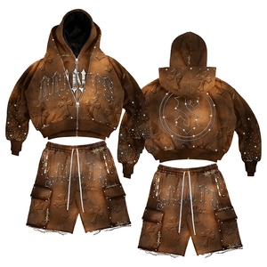 OEM Streetwear Custom Rhinestone Embroidery Vintage Cropped Acid Wash Double Zip Distressed Rhinestone Shorts and Hoodie <b>Set</b> Men - Product Image 4