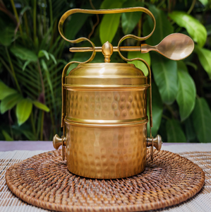 Vintage brass tiffin <b>box</b>, 2 tier hammered food carrier, traditional metal lunch <b>box</b>, available at wholesale prices. - Product Image 6