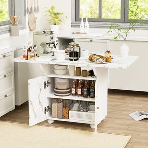 47\" <b>White</b> Marble Color Kitchen Dining Table <b>Storage</b> Rack <b>Cabinet</b> Removable 6-Wheel Entryway Table Wood Kitchen Islands Carts - Product Image 1