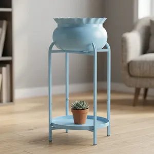 Maceta Metálica Azul Pastel con Soporte y Bandeja Inferior, Maceta Decorativa con Borde Festoneado para Interiores, Exteriores, Jardín, Patio, Balcón - Product Image 2