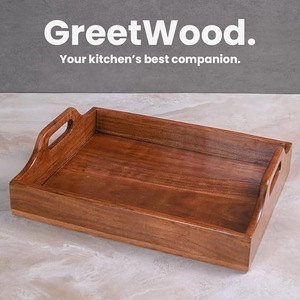 Eco-Friendly Rectangular Acacia Wood Serving <b>Tray</b> with Handles - Solid Wooden Decorative Platter for Coffee Table <b>Breakfast</b> - Product Image 5