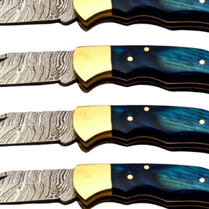 Lote de 5 cuchillos plegables de caza hechos a mano con hoja de acero de Damasco y mango de madera azul con diseño, cuchillo para acampar al aire libre - Product Image 5