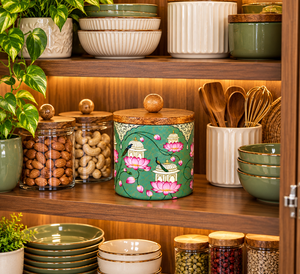 Recipiente Hermético Decorativo de Metal con Tapa de Madera y Diseño Floral Verde Azulado, Recipiente de Cocina de Lujo para Frutos Secos, Nueces y Galletas - Product Image 5