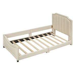 Divano letto classico a righe beige imbottito, letto singolo per bambini con elegante testiera - Product Image 4