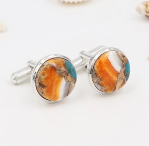 Boutons de manchette de luxe en argent sterling 925 avec turquoise et coquille d'ormeau orange, sertis clos, pour homme, cadeau de mariage pour témoin - Product Image 1