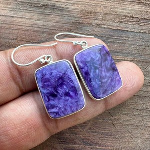 Pendientes colgantes de charoita natural, plata de ley 925, hechos a mano, joyería para mujer, pendientes minimalistas con piedras preciosas, regalo para ella - Product Image 5