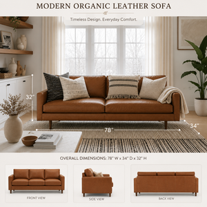 Sofá de Cuero Genuino de Estilo Moderno de Mediados de Siglo, 2.5 Plazas, Respaldo Ajustado, Tapizado con Patas de Madera para Sala de Estar - Product Image 2