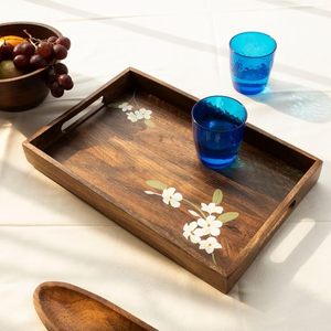 Plateau de service rectangulaire moderne en bois, peint à la main avec motifs floraux, bords lisses, multifonctionnel pour la maison et la restauration - Product Image 2