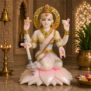 White Marble Gayatri Mata Statue with Veena | Handcrafted Goddess Idol by MALIYAS Jaipur - Product Image 1