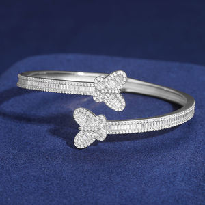 Luxury Women's 925 <b>Silver</b> Rhodium Plated <b>Cuff</b> <b>Bracelet</b> With Diamond Butterfly Design Cut Channel Setting Wedding Jewelry - Product Image 1