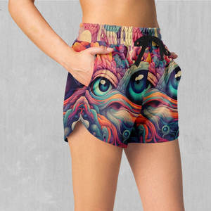 Shorts pour femmes à imprimé œil abstrait coloré, taille à cordon de serrage, taille mi-haute, en tricot de spandex et polyester, style décontracté, respirant - Product Image 6