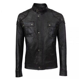 Blouson bomber en cuir véritable noir pour homme, col mandarin, coupe-vent, fermeture éclair, grande taille, style streetwear hiver - Product Image 1