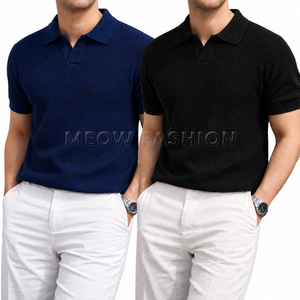 เสื้อโปโลชาย แขนสั้น ผ้าริบเนื้อนุ่ม สีพื้น สวมใส่สบาย สีดำ สีกรมท่า ทรงปกติ เนื้อวาฟเฟิล ผ้าคอตตอนผสม ขายส่ง - Product Image 1