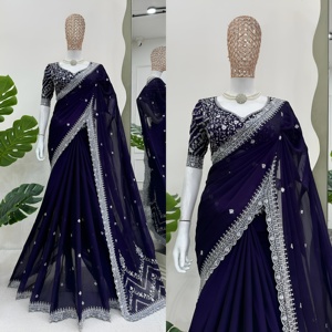 Designer Rangoli <b>Silk</b> <b>Fabric</b> Saree With Thread And Sequence Work With Rangoli <b>Silk</b> Blouse Thread And Sequence Work - Product Image 3