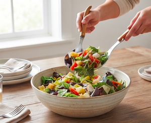 Ensemble de cuillères à salade en acier inoxydable avec manches en bois, finition miroir haute brillance, design minimaliste, passe au lave-vaisselle, pour usage professionnel. - Product Image 6
