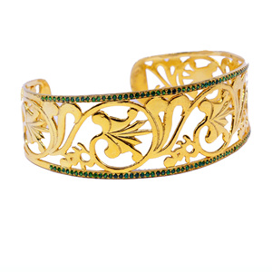 925 <b>Silver</b> Vintage Gold Plated <b>Cuff</b> <b>Bracelet</b> With Green Rhinestone Inlay Plant Pattern Women's Alloy Jewelry - Product Image 6