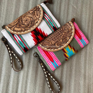 Handmade Aztec Tooled Leather Clutch Stylish <b>Women</b> <b>Saddle</b> Blanket Leather Wallets High Quality Tooled Leather Wristlet Clutch - Product Image 2