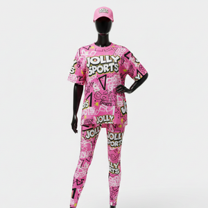 Ensemble haut de gamme pour femme : t-shirt en coton 200 GSM et legging stretch rose avec logo imprimé par sublimation - Product Image 1