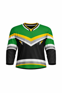 Jersey de Hockey sobre Hielo Personalizable para Hombre, Cuello en V, Manga Tres Cuartos, Rayas Verdes, Negras y Amarillas, Prenda Sublimada de Poliéster - Product Image 1