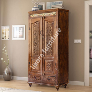 Luxury Handcrafted Solid Wood 2 Door <b>Wardrobe</b> Ornate Leaf Carving Rustic Antique Finish Armoire - Product Image 4