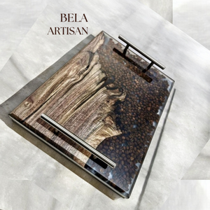 Bandeja de Servir de Madera y Resina Epoxi Hecha a Mano, Bandeja Decorativa de Resina y Madera para Granos de Café, con Asas de Metal, para Té, Café y Fiestas, No Tóxica, Moderna - Product Image 3