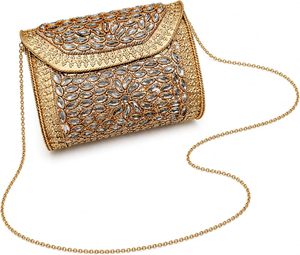 Pochette de soirée Royal Mosaic Kundan avec des accents décoratifs artisanaux complexes, pochette de soirée en métal - Product Image 3
