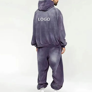 Custom Logo Men's Acid Wash <b>Tracksuits</b> Blank Fleece Drawstring Hooded Hoodies Sweatpants Plus Size Winter <b>Retro</b> Streetwear Sets - Product Image 5