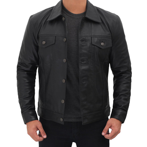 Custom Luxury Men Genuine Leather <b>Jacket</b> Vintage Black <b>Trucker</b> Button Up Coat Casual Outerwear Fashion Streetwear Winter Season - Product Image 5