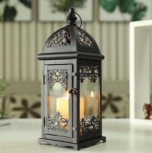 Traditional Iron Lantern Rectangle Candle Holder Indoor Tabletop Home <b>Decor</b> Living Room Accent Piece Durable Design - Product Image 1