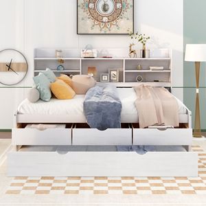 Cama capitán de madera tamaño matrimonial en acabado blanco con estanterías integradas y cama nido con tres cajones de almacenamiento - Product Image 4