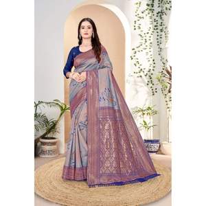 DESIGNER KANJIVARAM ZARI WEAVING WORK SAREE WITH UNSTITCHED BLOUSE GREY - Product Image 1