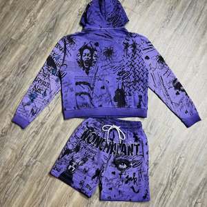 Ensemble de survêtement gris personnalisé pour homme, imprimé intégral, en molleton délavé, avec sweat à capuche zippé et short, motif graphique gothique vintage, deux pièces - Product Image 4
