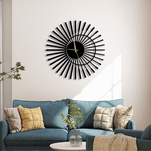 Horloge murale en métal noir Sunburst, horloge décorative élégante de style mid-century pour salon, couloir, bureau - Product Image 1
