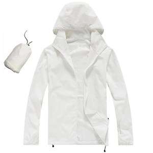 Veste de pluie légère à capuche unisexe blanche, séchage rapide, fermeture éclair, vêtement décontracté d'été, coque en polyester enduit de PU - Product Image 3