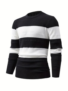 Pull tricoté personnalisé pour homme, col rond, color block, rayures, décontracté, streetwear, automne-hiver, vente en gros, OEM, Top 20 - Product Image 3