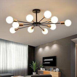Lustre Sputnik moderne à 10 lumières, plafonnier noir et or, style Art Déco, éco-responsable, globe en fer fait main, luminaire suspendu pour salon - Product Image 1