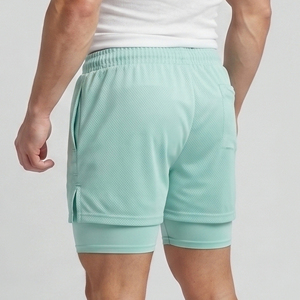 Men's Gym Wear 2 In 1 Mesh Shorts With Drawstring <b>Mid</b> Waist Breathable Knitted Sports Compression Inner <b>Layer</b> Shorts - Product Image 5