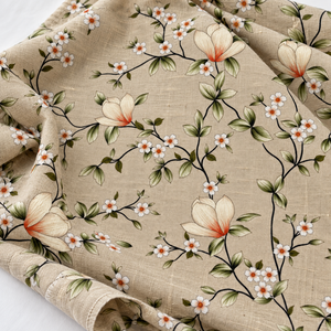 Vestido cruzado de lino color terracota, estilo Riviera Botanical, de lino y algodón orgánico, con estampado de magnolia. - Product Image 1